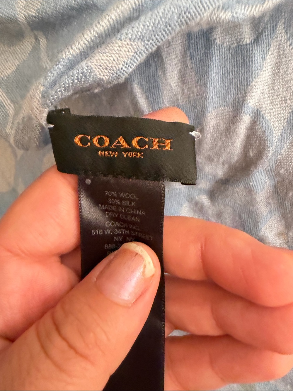 Coach Blue Tone Silk-Wool Scarf with Signature Tag - Picture 2 of 2